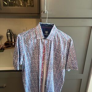 Bugatchi Short-Sleeve Button-Down Shirt in Blue and Red Stripe